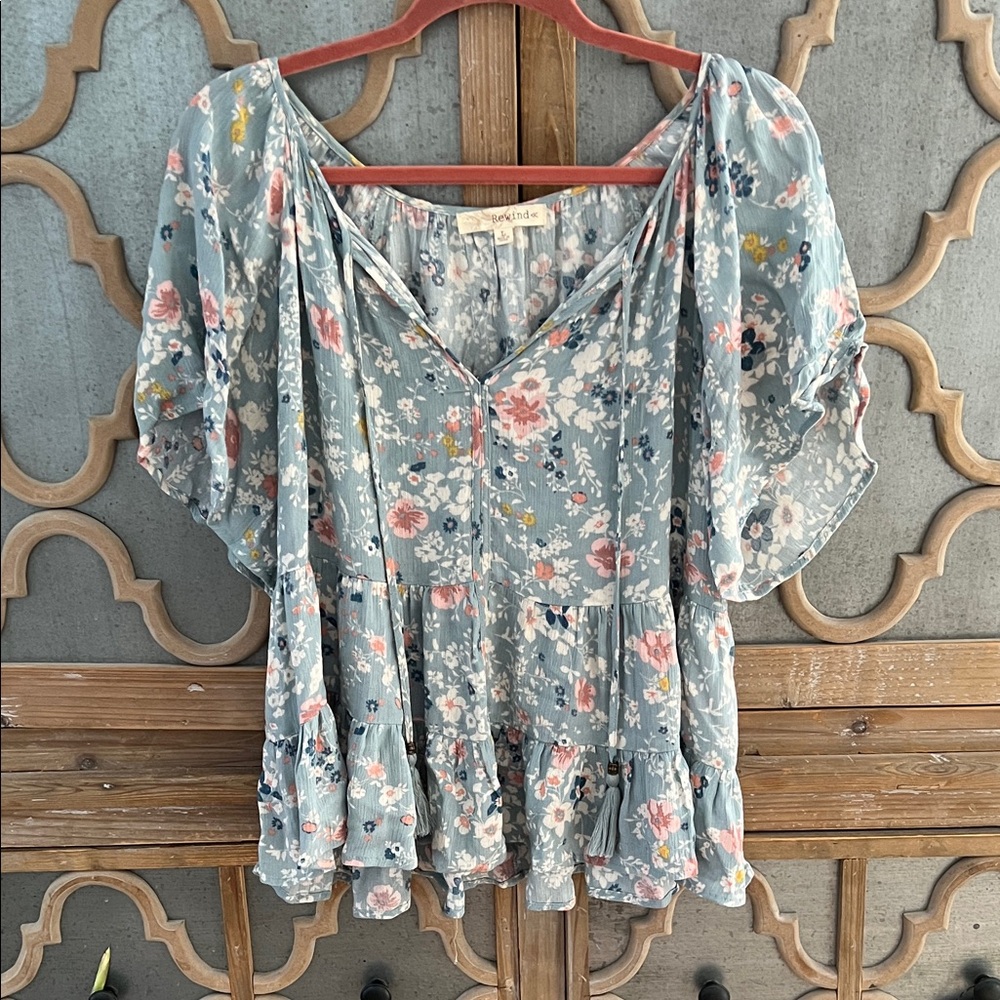Rewind Floral Blouse in Blue and Pink